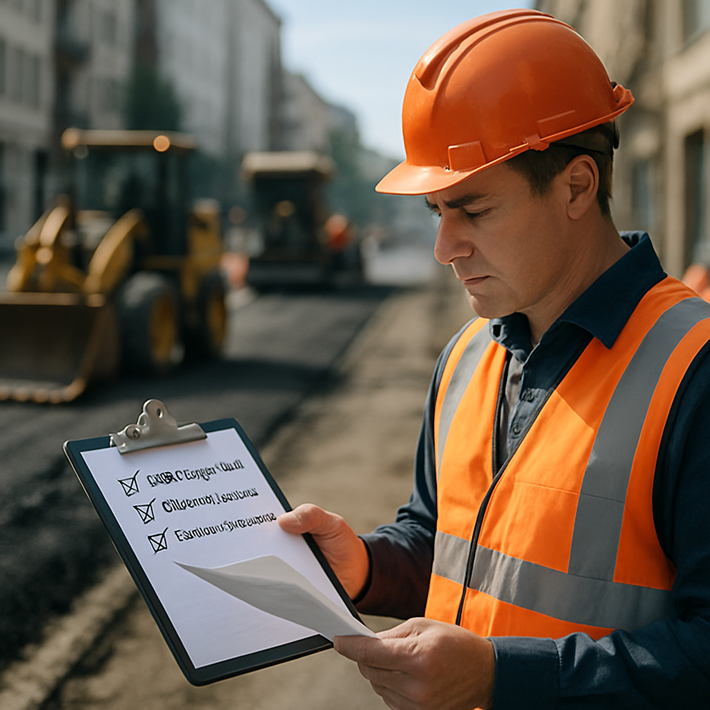 A city worker assessing construction plans at a city road construction site with visible