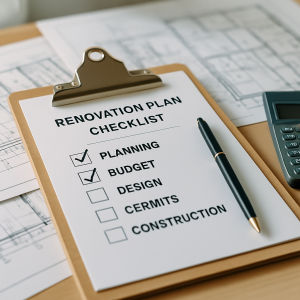 A professional checklist and relevant construction documents on a clipboard, symbolizing the planning stages