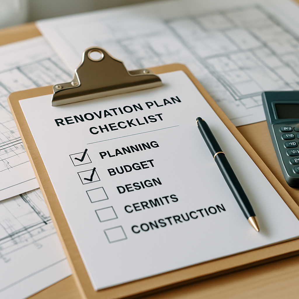 A professional checklist and relevant construction documents on a clipboard, symbolizing the planning stages