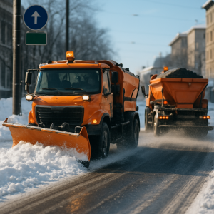 Mechanized street cleaning in a snowy urban environment with specialized vehicles and a clear