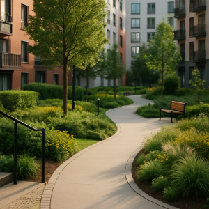 A well-designed urban courtyard with green landscaping, proper zoning, and safety features, illustrating compliance