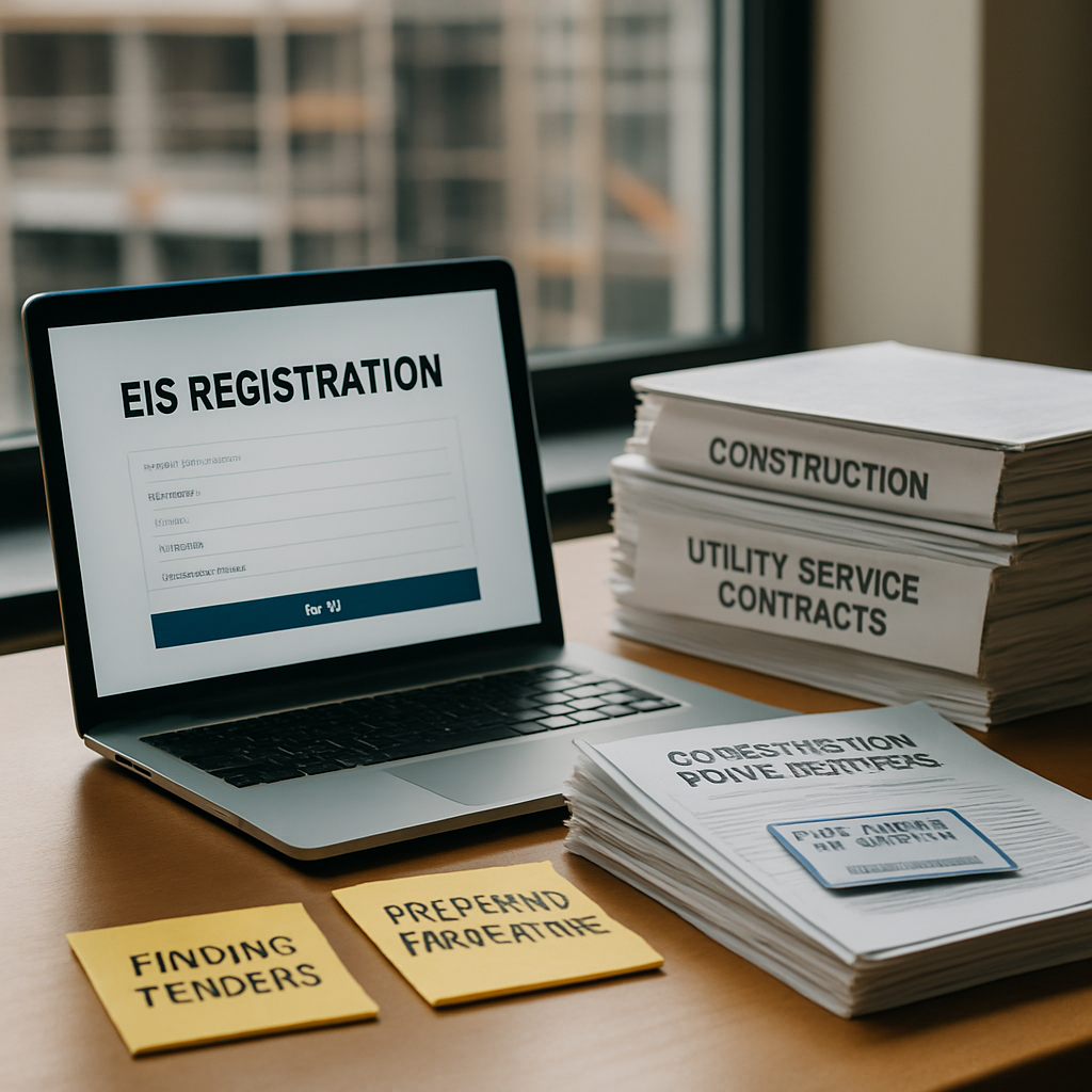 A professional workspace illustrating the process of preparing for municipal procurement in construction and